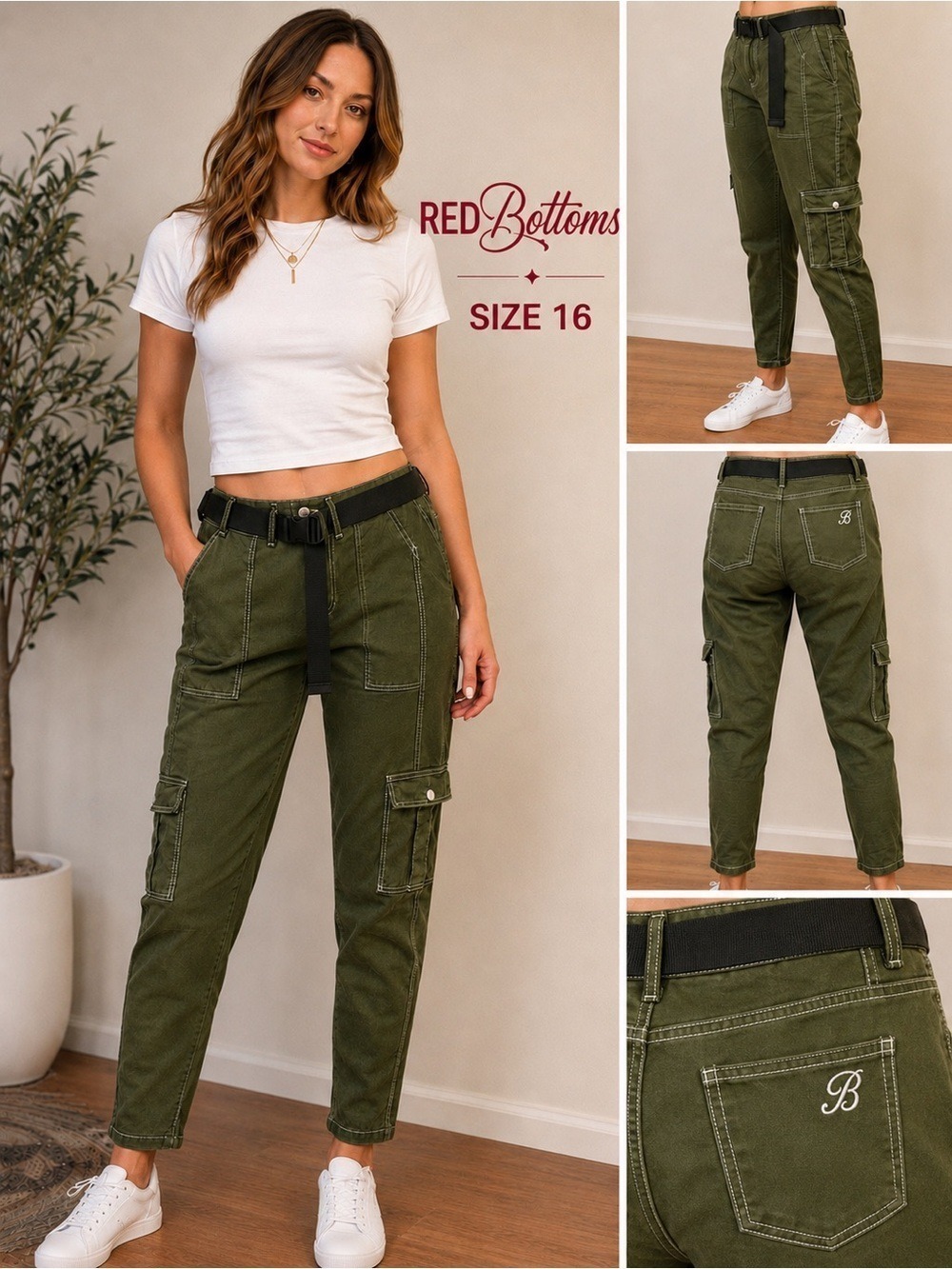 RED Bottoms High Rise Cargo Pants Size 16 NWT Olive Green Utility Pant With Belt